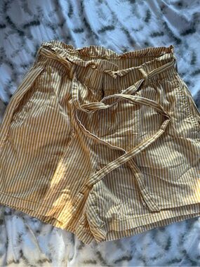 Liz Claiborne Yellow and White Striped High Waist Paperbag Shorts with Belt